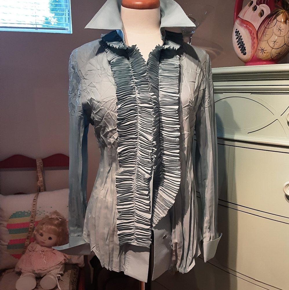 Ruffled Turquoise Button-Up Shirt